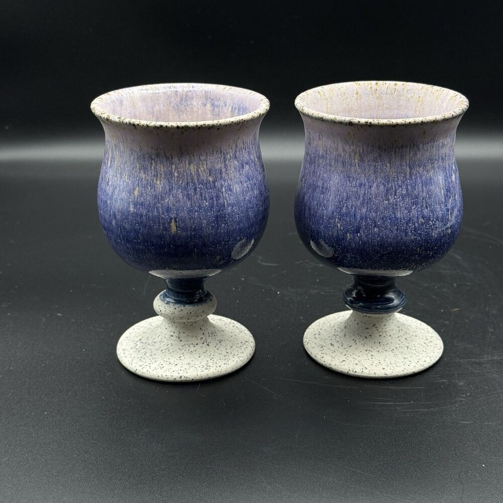 Pottery Wine Goblets Chalice Blue and White Glazed Set of 2 Signed Handmade Gift